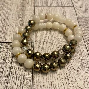 Ivory Quartz and Gold coated hematine beaded bracelet Set of 2, stretch, boxed